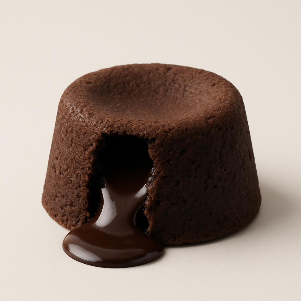 Photo of a chocolate lava cake with the molten center oozing out.