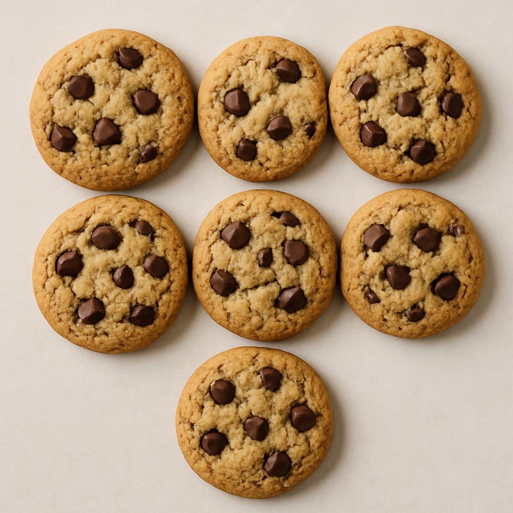 A batch of freshly baked chocolate chip cookies, arranged in a 3x3 grid. The cookies are golden brown with light tan cente...