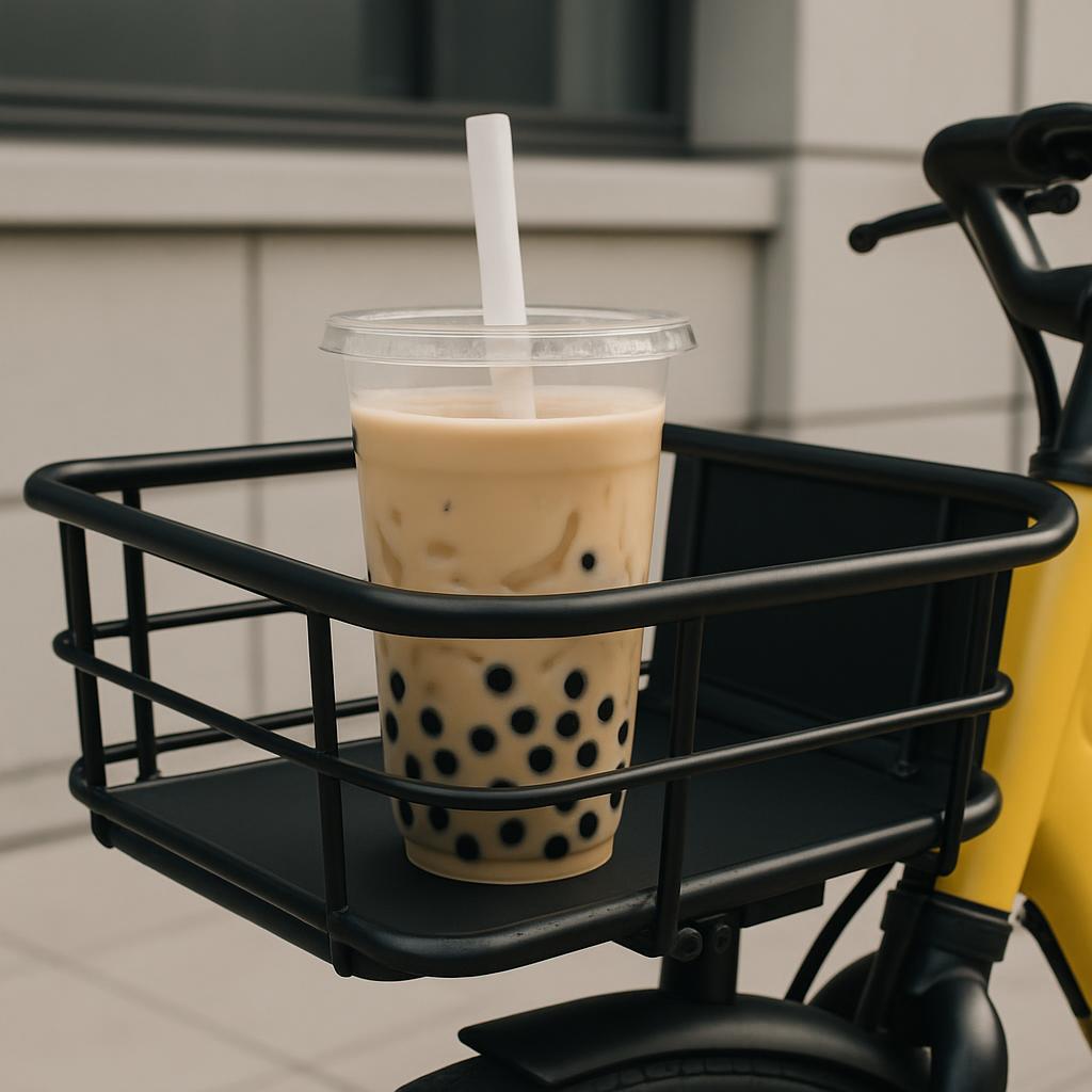 A plastic cup of bubble tea sits in a black metal bike basket, featuring thick black tapioca or "boba" and a clear lid sec...
