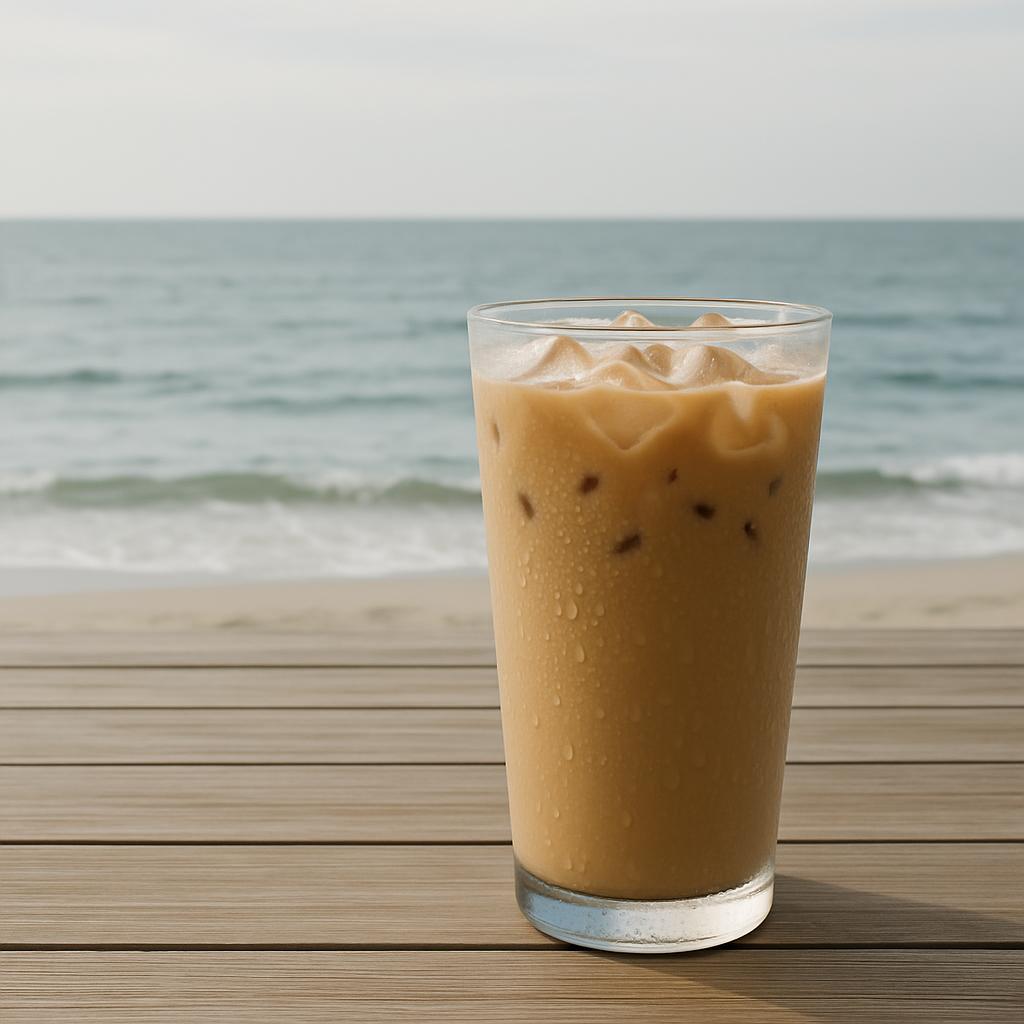 An iced coffee drink in a clear glass standing on a wooden deck overlooking the ocean