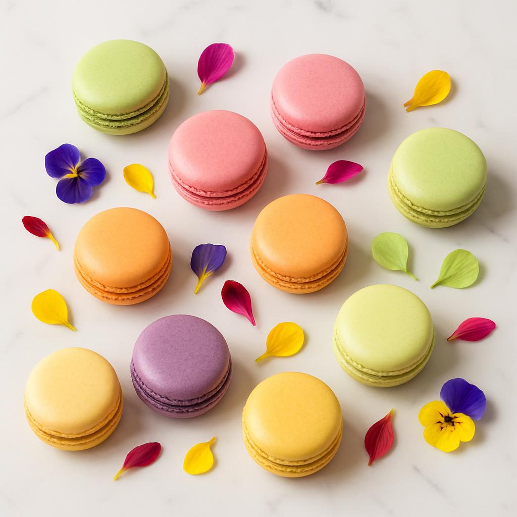 Decorated pastel macarons displayed amongst a variety of flower petals.
