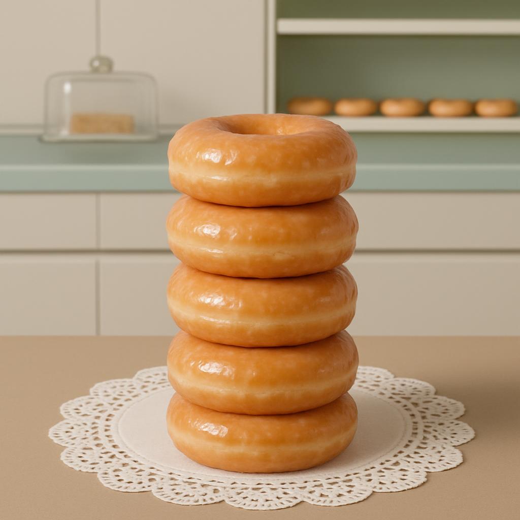 A stack of glazed donuts on a doily mat atop a table in front of a kitchen.