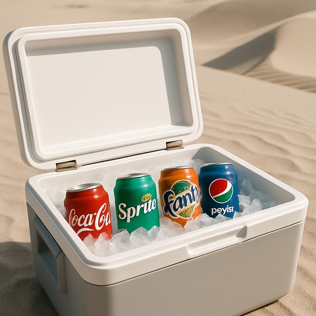 The image showcases a white plastic cooler box filled with ice and various soda cans, featuring prominent brand logos. The...