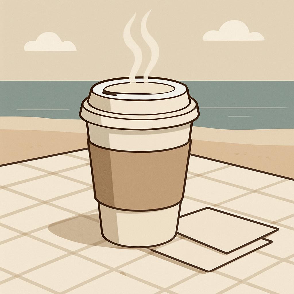 A disposable coffee cup emits hot vapor and sits on a tile surface, overlooking a sandy beach with the sea in the backgrou...