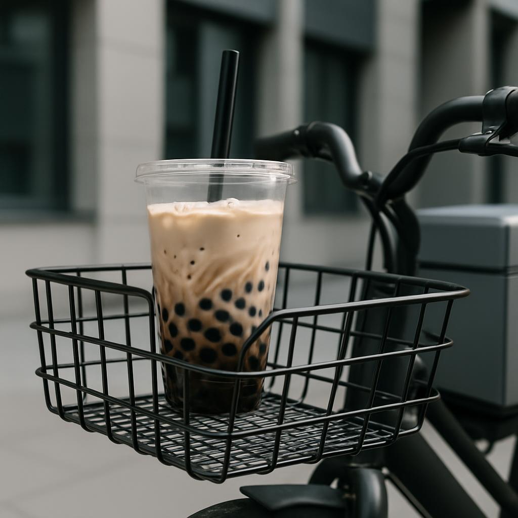 A plastic cup filled with bubble tea containing black tapioca pearls and sitting in a black basket attached to the frame o...