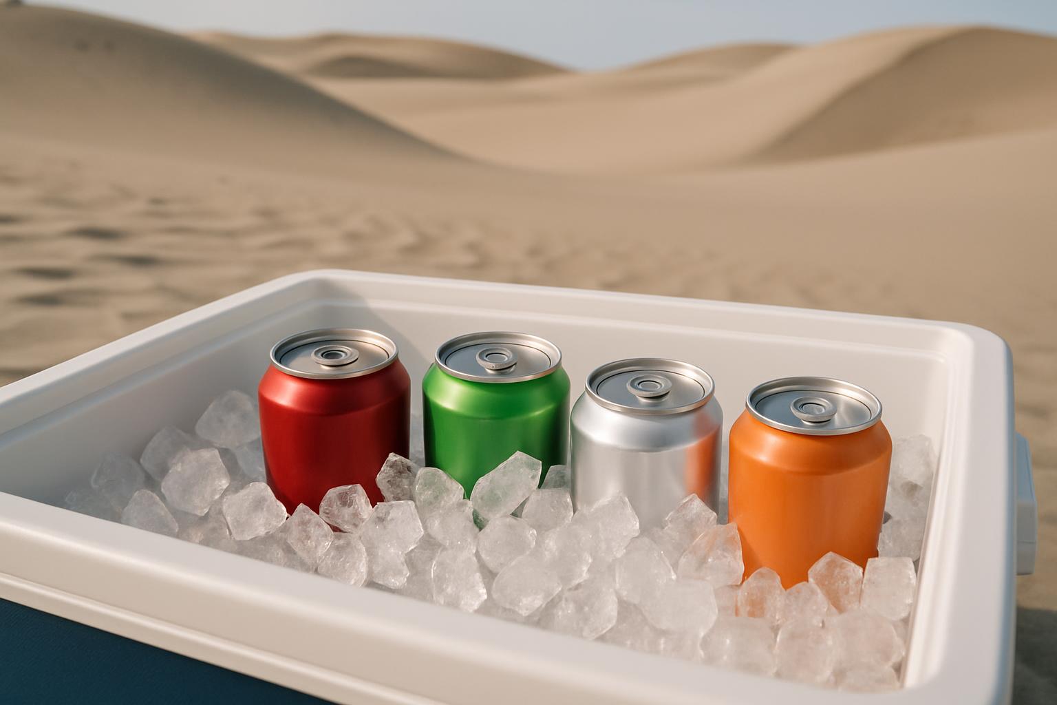 The image features four colorful soda cans in an ice cooler.