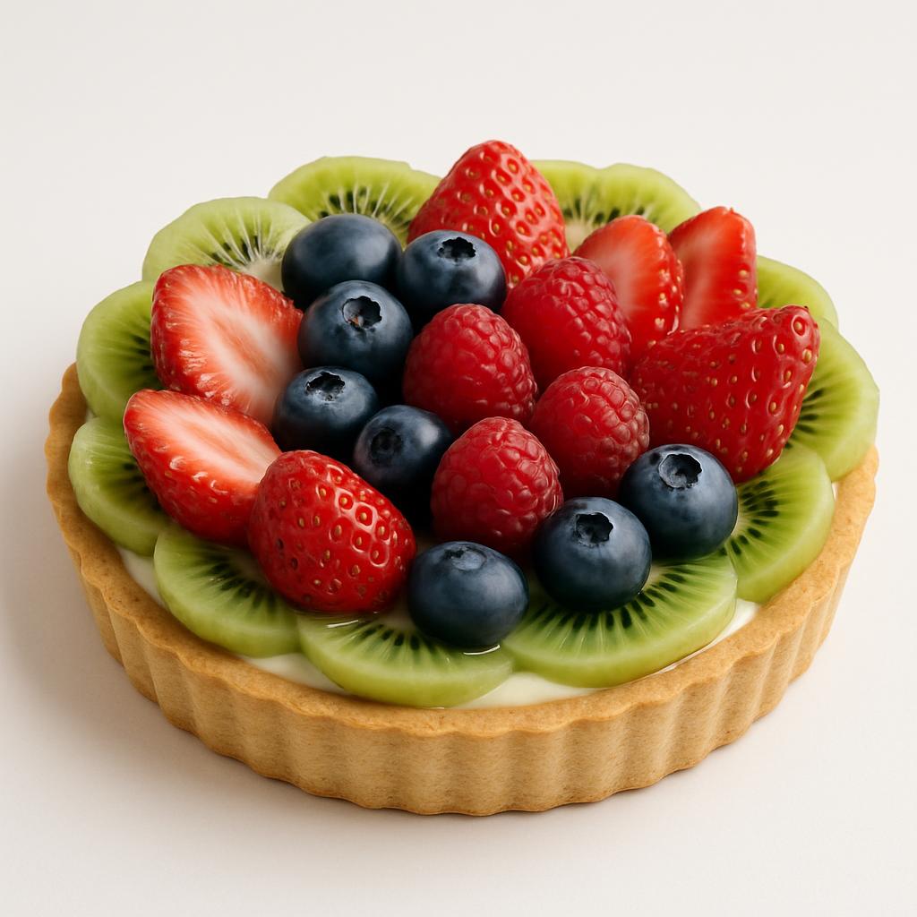 A fruit tart with a biscuit crust and topped with kiwi, blueberries, raspberries, and strawberries. The fruit is placed on...