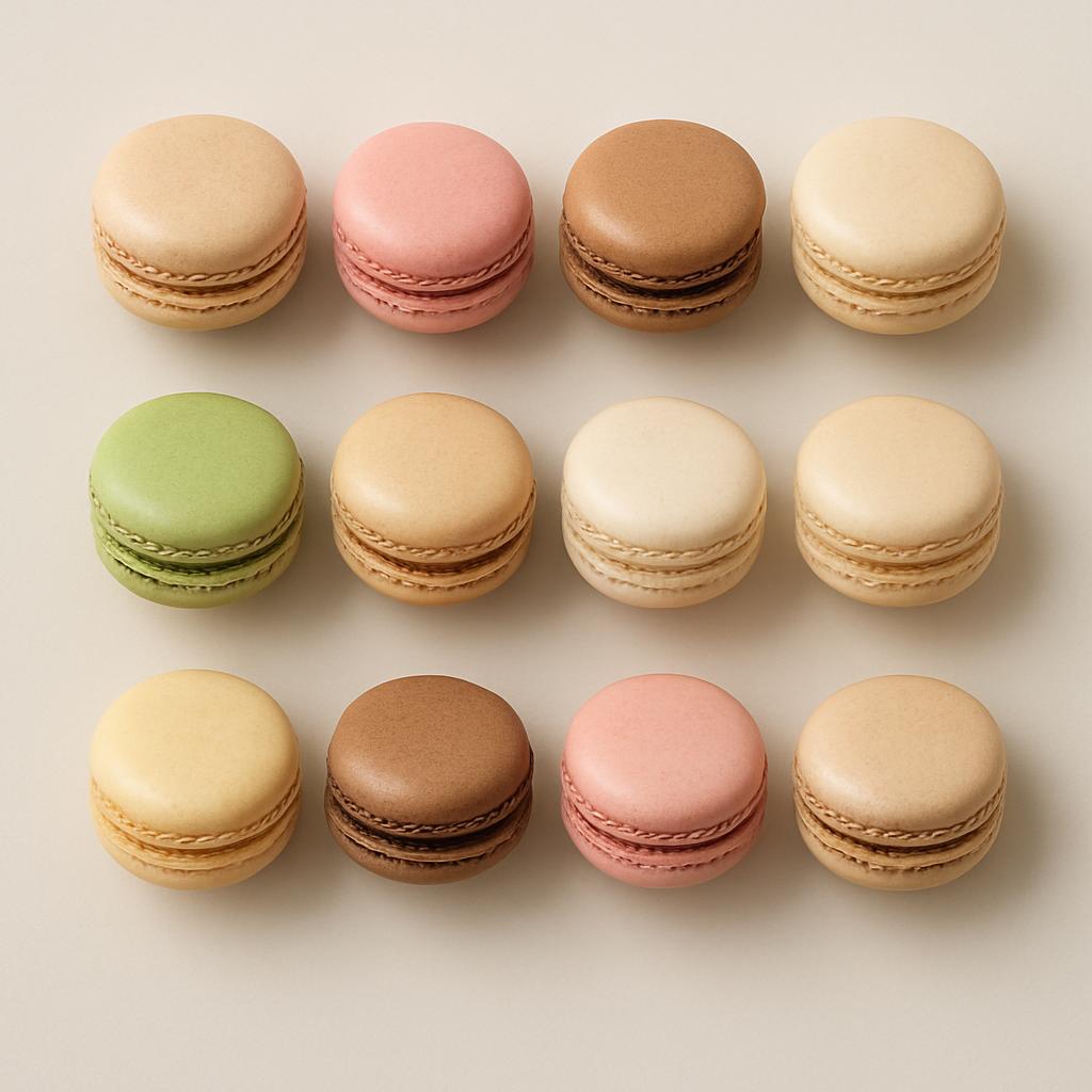 A selection of small, round French pastries with a colorful exterior and a delicate, chewy texture, arranged in an orderly...