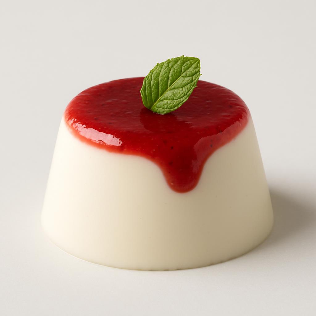 A small dessert with a white base, possibly custard or mousse, topped with a red sauce, likely fruit puree, and garnished ...