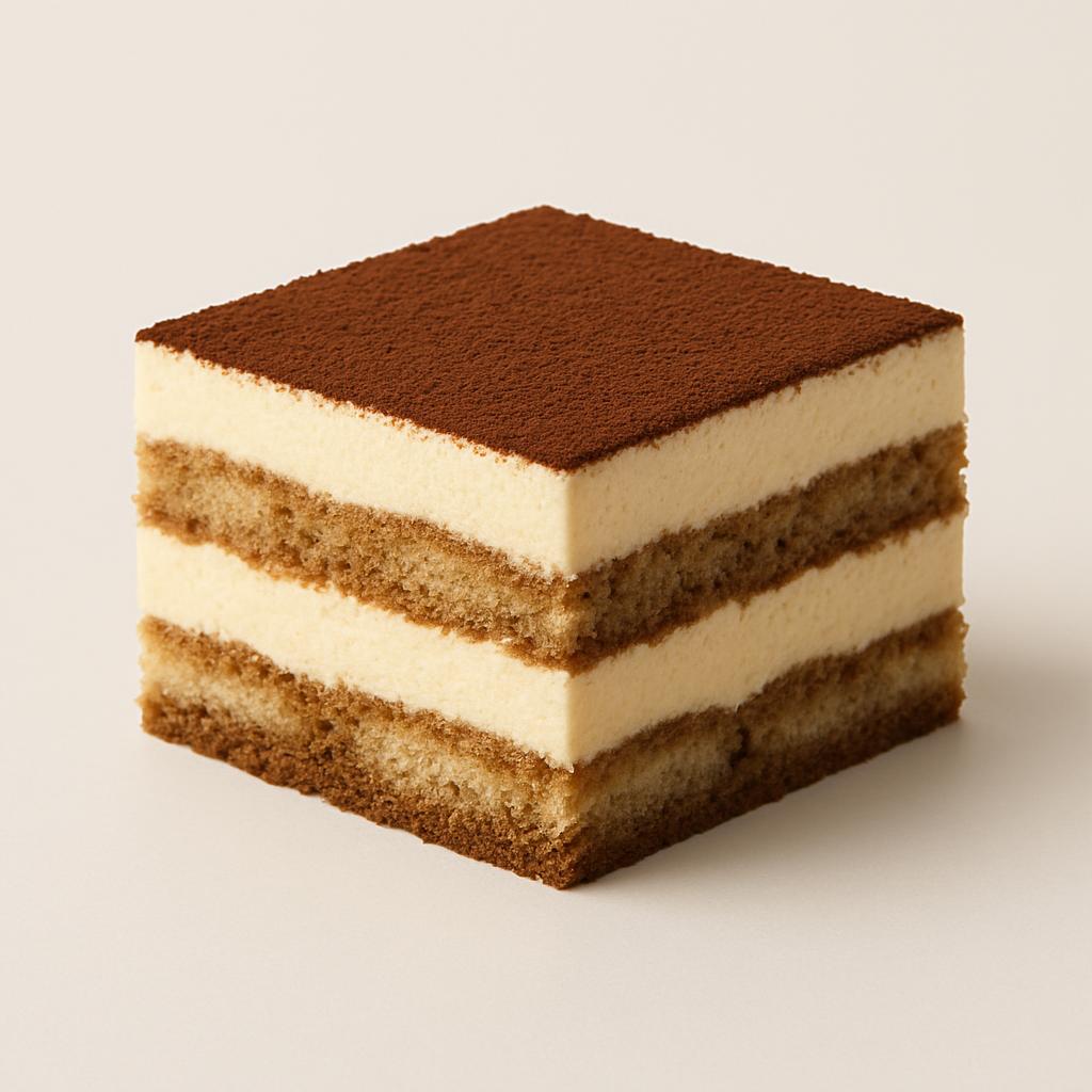 A square piece of tiramisu sits Central on a plain white background. The dessert consists of layers of two types of creamy...