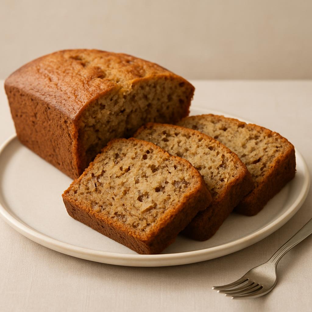 This loaf of banana bread has a glazed surface, divided into four pieces on a white plate with a fork to the side.
